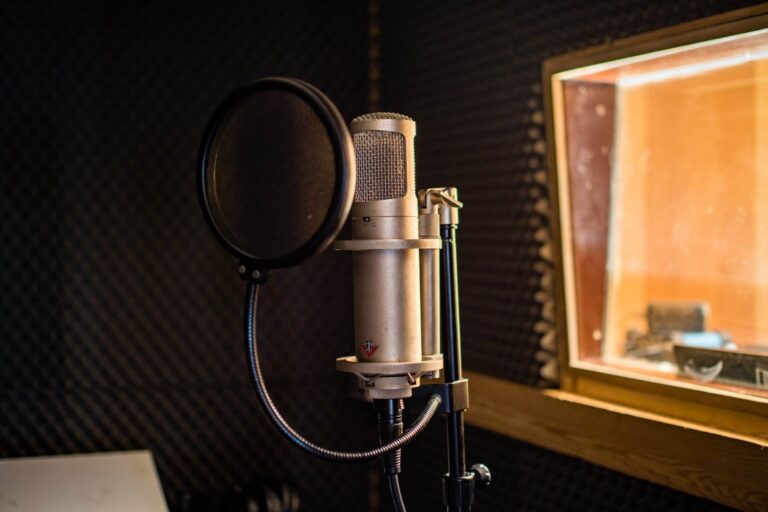 Un microphone à condensateur doté d'un filtre anti-pop se trouve dans une cabine d'enregistrement insonorisée à côté d'une fenêtre.