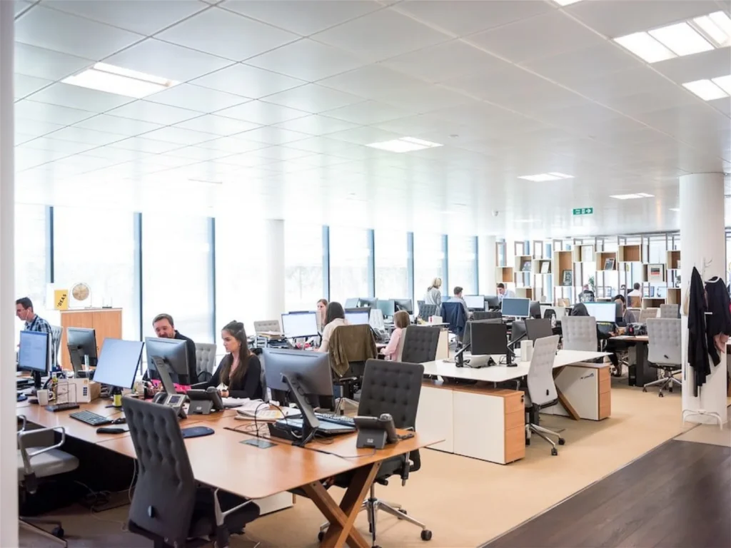 Open-plan office with people working at desks, using computers. Large windows bring in natural light. Modern furniture and shelves visible in the background.