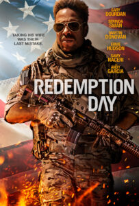 Movie poster for "Redemption Day" featuring a man in military gear, rifle in hand, set against an American flag. Cast names listed with a special nod to the dubbing studio. Tagline: "Taking his wife was their last mistake.