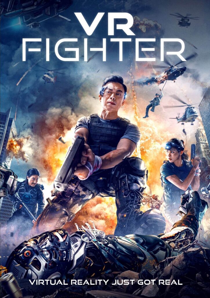 Affiche dynamique du film "vrfighter", mettant en vedette un homme qui vise avec une arme à feu au premier plan, entouré d'autres personnages armés et