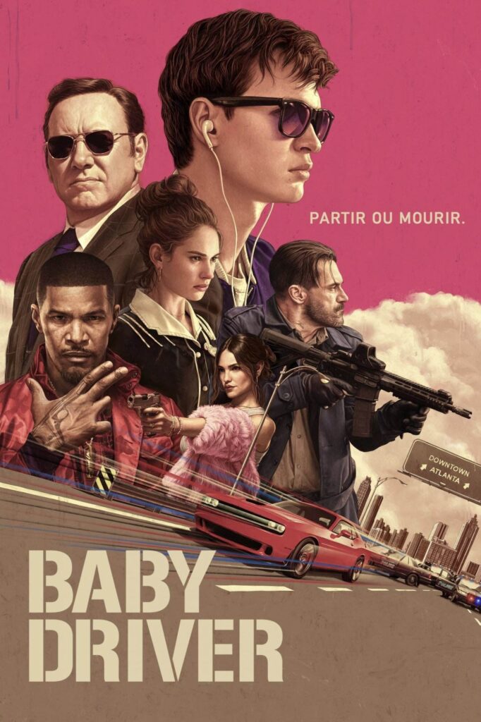 A collage of characters from the movie "Baby Driver" features a red car at the bottom, with the text "Partir ou Mourir" capturing attention. Behind the scenes, a dubbing studio brought these voices to life for audiences worldwide.