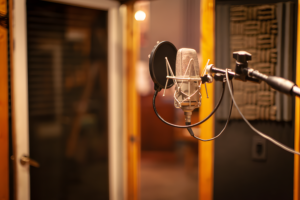 A condenser microphone with a pop filter stands ready in the dubbing studio, where soundproofing foam lines the right wall for optimal acoustics.