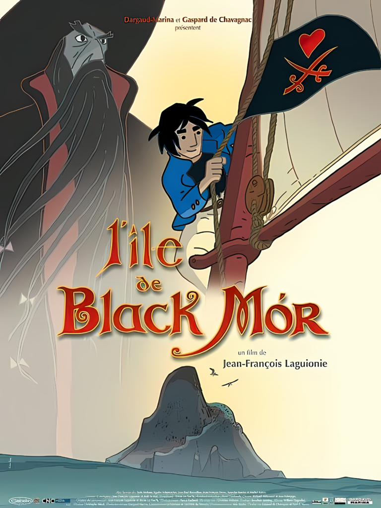Affiche du film d'animation pour "l'île de black mór" mettant en scène un jeune garçon escaladant le gréement d'un navire avec une silhouette sombre et masquée et une île rocheuse en arrière-plan.