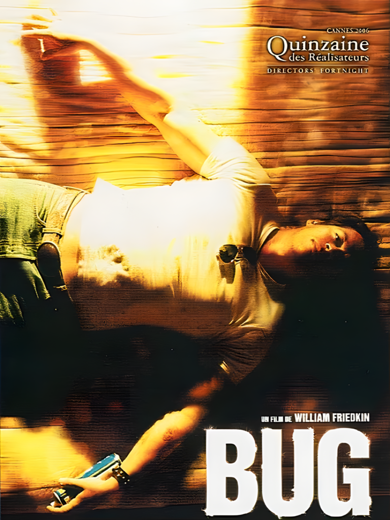 A person lies on a wooden floor under dramatic lighting, clutching a blue object. The text reads "Bug" and highlights director William Friedkin, evoking the suspense found in a dubbing studio mid-production.