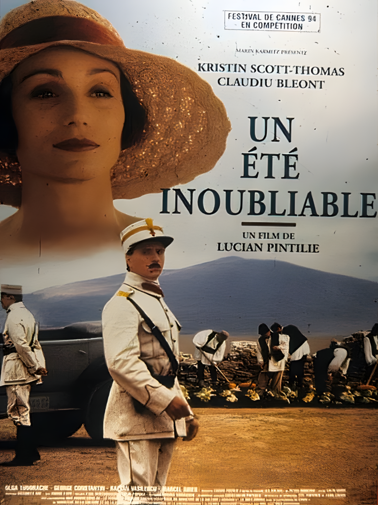 Film poster for "Un Été Inoubliable," featuring a woman in a wide-brimmed hat above a scene with a man in military uniform and soldiers by a car, comes to life with the rich vocal work from an acclaimed dubbing studio.