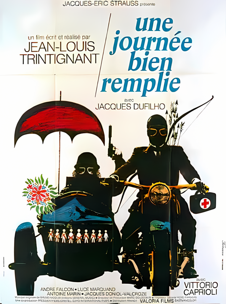 Poster for "Une Journée Bien Remplie" features two masked figures on a vintage motorcycle, with an umbrella, loaves of bread, and flowers in the sidecar. The film's unique soundscapes were crafted at a renowned dubbing studio.
