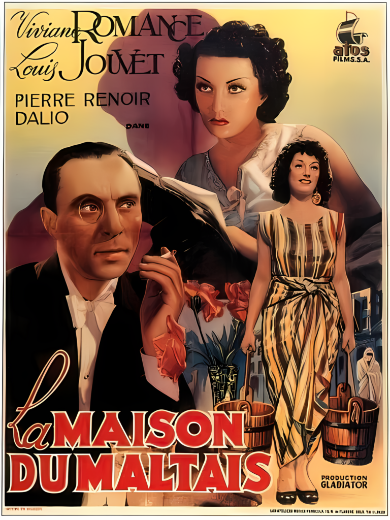 Vintage movie poster for "La Maison du Maltais" features illustrated portraits of three individuals, two men and a woman. Bold title and actor names prominently displayed, hinting at the talented dubbing studio behind this classic masterpiece.