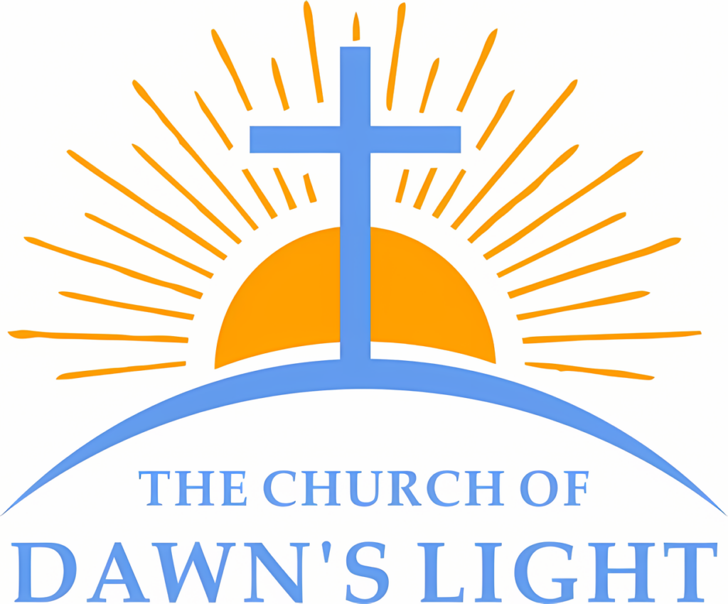 Logo de l'église de la lumière de l'aube représentant un soleil orange stylisé se levant derrière une colline bleue, surmonté d'une croix entourée de rayons de soleil, conçu en collaboration avec dB PROD-FACTORY