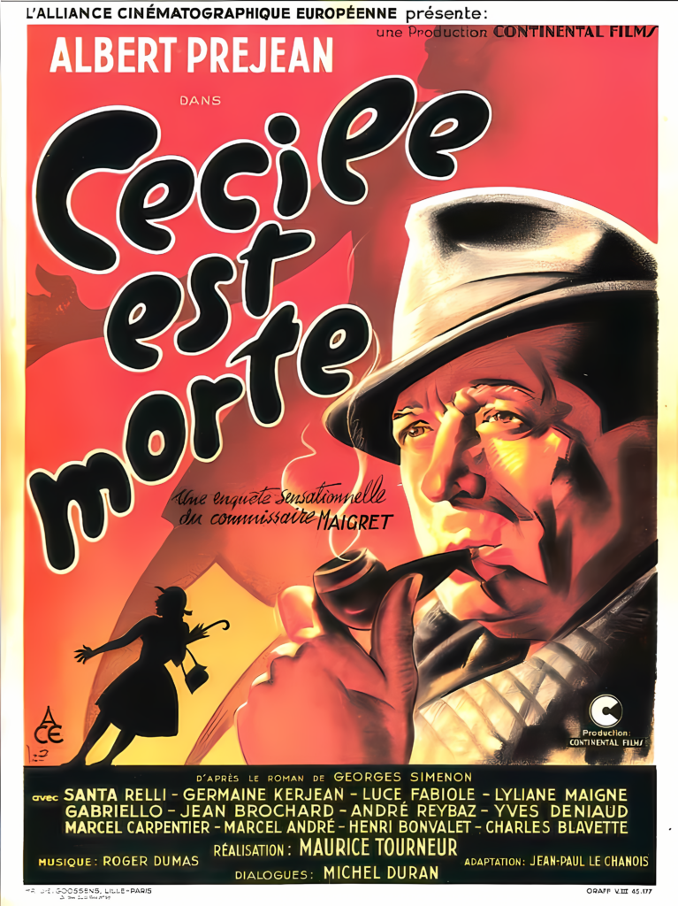 Vintage film poster featuring a man with a hat smoking a cigarette. French text: "Cécile est morte" by L'Alliance Cinématographique Européenne, showcasing the artistry behind classic cinema, as immortalized by renowned dubbing studios that bring these stories to life in multiple languages.