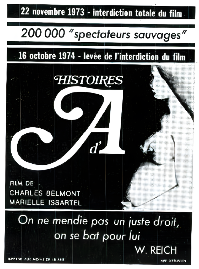 The black and white poster for "Histoires d'A" by Charles Belmont and Marielle Issartel highlights its controversial ban before November 1973, drawing curious audiences until the restriction was finally lifted in October 1974.
