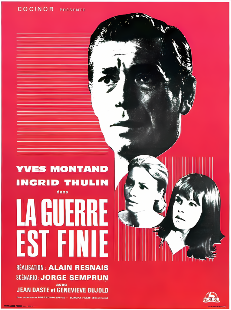 Vintage film poster for "La Guerre Est Finie" features monochrome portraits of three people against a red and pink background, with white text detailing credits, hinting at the artistry perfected in a renowned dubbing studio.