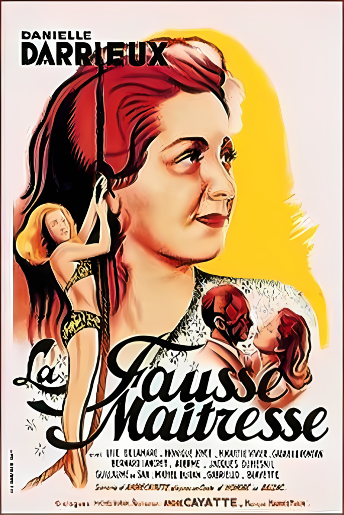 Vintage movie poster for "La Fausse Maitresse," featuring a woman's large portrait with smaller illustrations of her in various poses, hints of the artful craft handled by a dubbing studio, and text with names and film details.