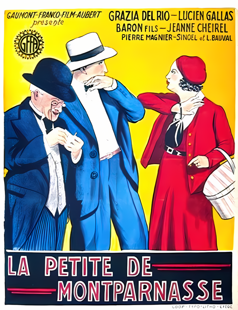 A vintage film poster featuring three people in period attire interacting, with bold text showcasing the title "La Petite de Montparnasse." The vibrant yellow and red background evokes the magic often crafted within a dubbing studio.