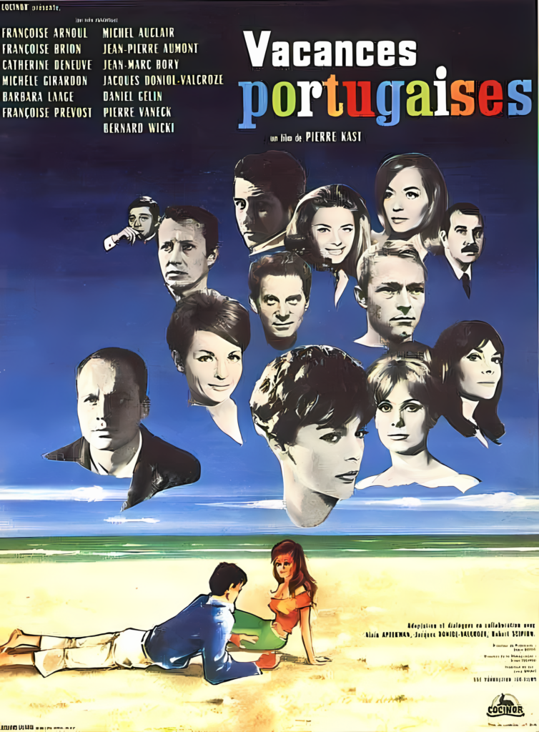 Movie poster for "Vacances Portugaises" featuring floating headshots of the cast against a beach scene with a man and woman, beautifully crafted by our talented dubbing studio.