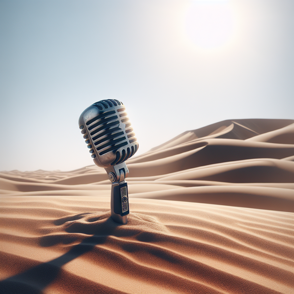 Un microphone vintage se dresse seul dans un désert ensoleillé avec des dunes de sable en arrière-plan. Le ciel est clair et le microphone projette une ombre distincte sur le sable.