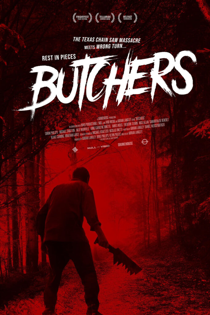 A red-tinted movie poster for "Butchers" features a figure with a large knife in the shadowy forest, echoing the chilling atmosphere mastered by an acclaimed dubbing studio. Film festival accolades proudly adorn the top.