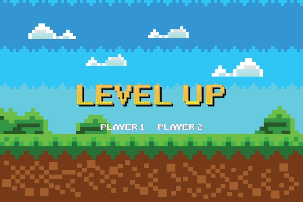 Pixel art style image of a video game screen with the words "LEVEL UP" against a blue sky background with clouds and grass. Below, it reads "PLAYER 1" and "PLAYER 2.