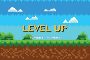 Pixel art style image of a video game screen with the words "LEVEL UP" against a blue sky background with clouds and grass. Below, it reads "PLAYER 1" and "PLAYER 2.