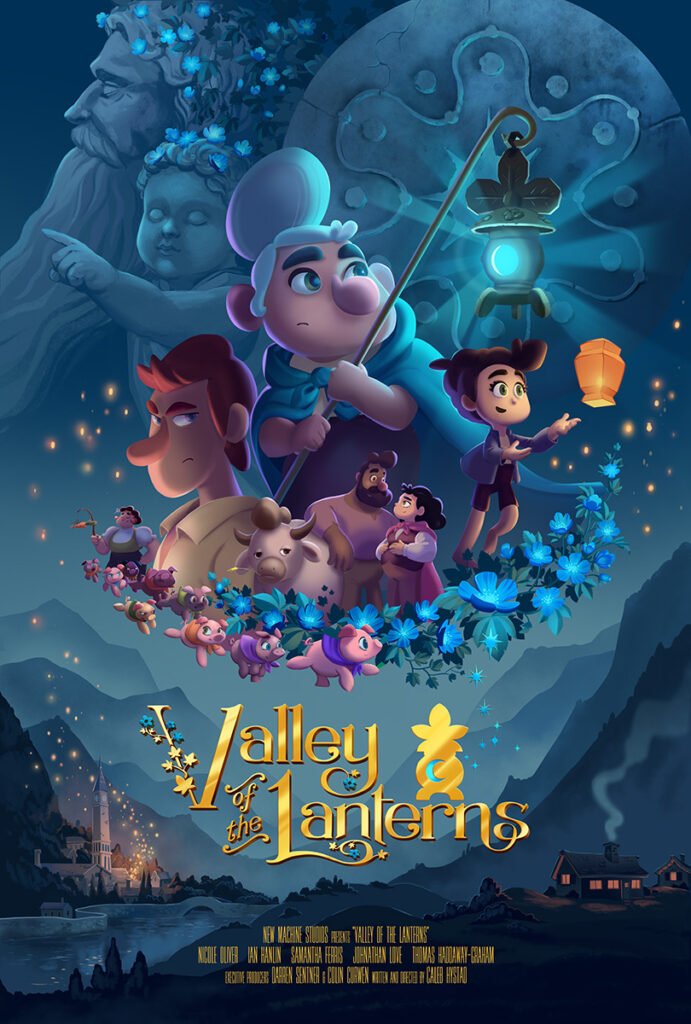 Illustrated movie poster for "Valley of the Lanterns" by a renowned dubbing studio, featuring various characters, blue flowers, and glowing lanterns set against a mountainous landscape.