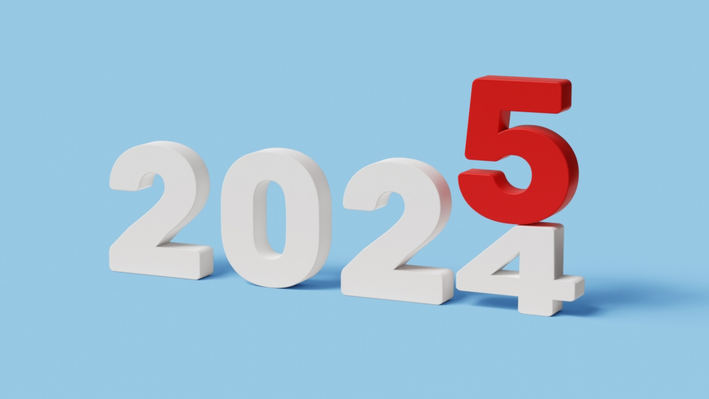 The numbers 2024 are displayed in white, with a red number 5 leaning against the 4, reminiscent of a dubbing studio's creative flair, all set against a light blue background.