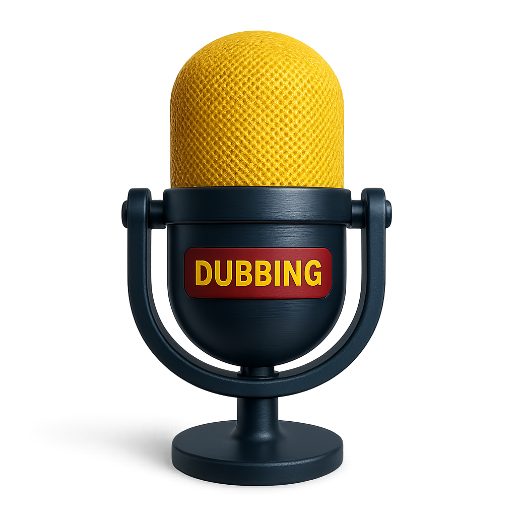 A yellow microphone labeled “DUBBING” stands on a dark base against a neutral background.